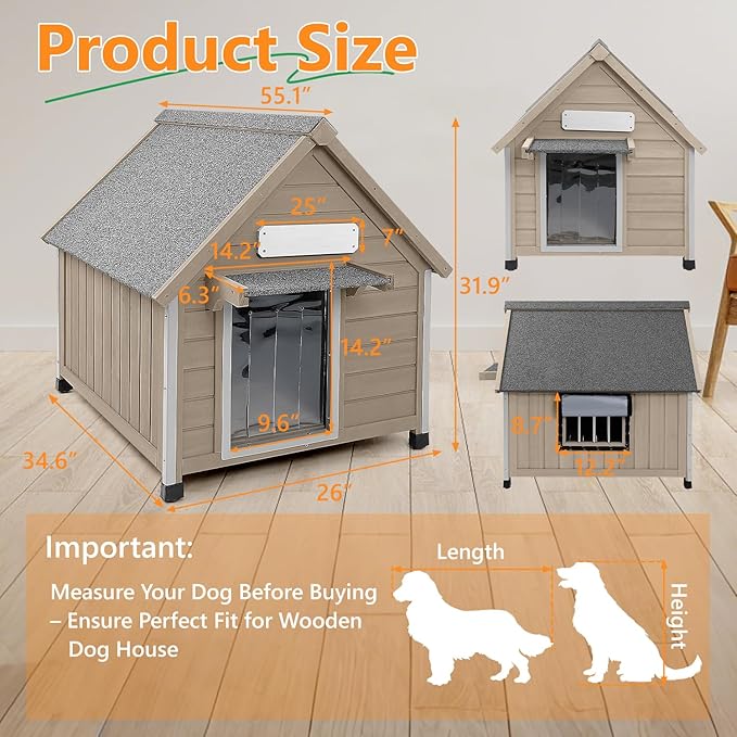 Dog House Outdoor Indoor for Small to Medium Dogs with Window, Anti-Chewing Iron Frame, Weatherproof Doghouse Kennel Puppy Shelter, Easy Clean and Assemble (32" W*26" L*32" H)