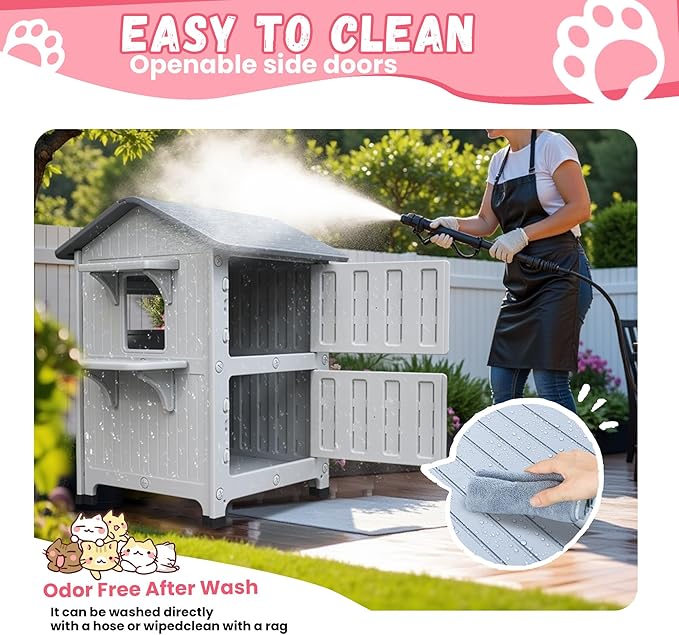 Plastic Outdoor Cat House with Escape Door, Waterproof 2 Story Outdoor Houses for Feral Cats Outside Cat Shelter, Spacious, Clean and Assemble Easily
