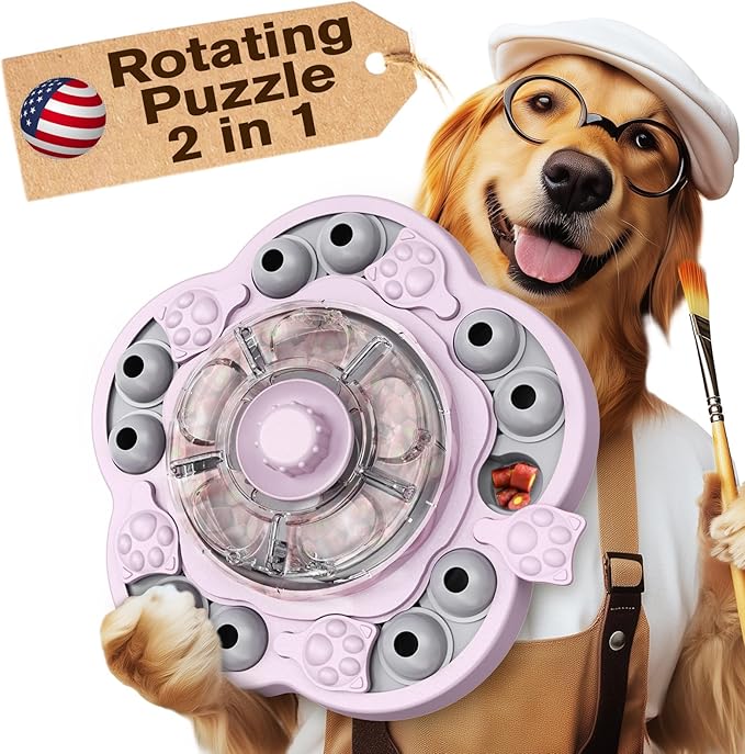 KADTC U.S. Brand & Design -3 Levels of Challenge Spinning Dog Puzzle Toy for Small/Medium/Large Dogs Puzzles Feeder Treat Slow Dispenser Puppy Food Dispensing Enrichment Pink Thanksgiving Toys Gift