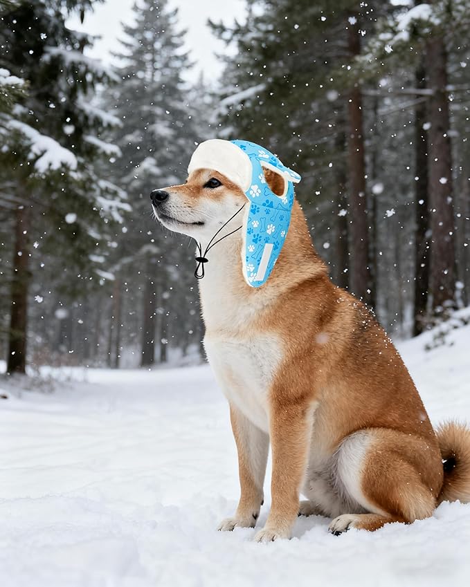 PET SHOW Dog Trapper Hat Winter Hat for Small Medium Dogs Warm Fleece Aviator Hats with Ear Flaps Adjustable Outdoor Boy Pet Pilot Costume Cap M-Blue Paw/with Ear Holes