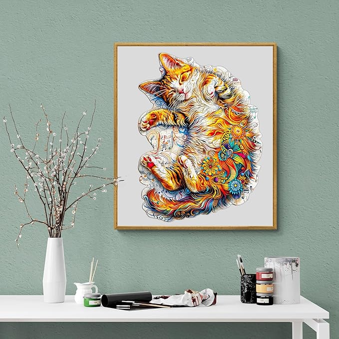 KAAYEE Wooden Puzzles for Adults, Sleeping Cat-2 200 Piece Unique Animal Shape Puzzle, Cat Wood Puzzle for Adults, Creative Gifts for Friends/Family, Home Decor(11.4 * 8.4)