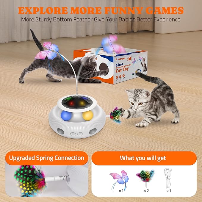 Interactive Cat Toys 3 in 1 Automatic Cat Toy for Indoor Cats, Electric Kitten Toy with USB Rechargeable, Self Play Kitty Toys with Spinner Fluttering Butterfly, Track Ball and 2 Ambush Feathers