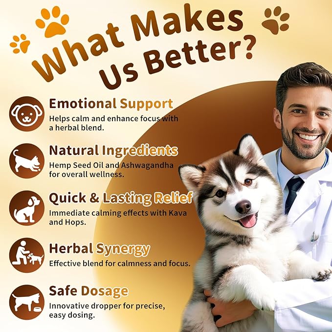 Calming Drops for Dogs, Soothe Separation, Thunder & Fireworks Stress, Support Calmness, Focus & Cognitive Health, Promote Emotional Balance, for Dogs 12 Weeks+, Chicken Flavor, 1 FL.OZ