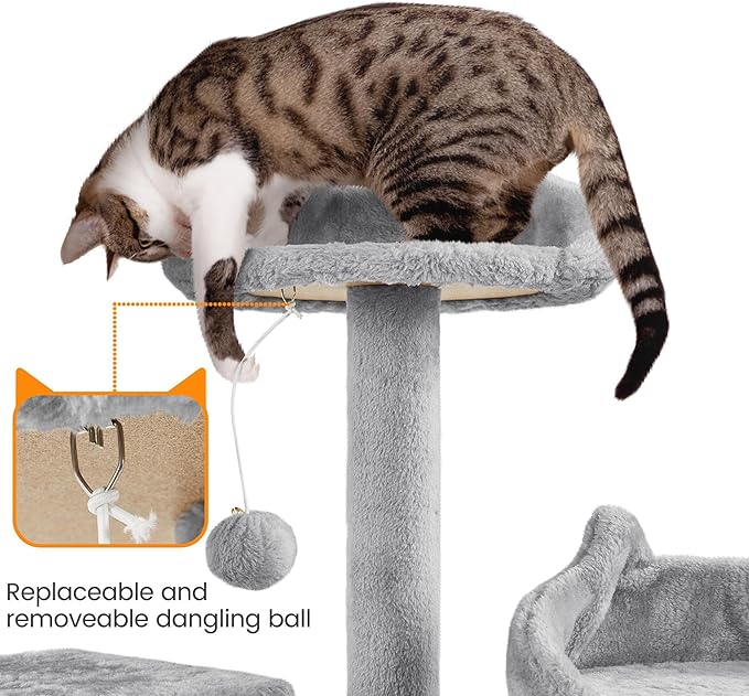 Yaheetech XL Cat Tree, 72in Multi-Level Cat Tower with 2 Cozy Caves, 3 Soft Perches, Scratching Posts, Board, and Dangling Ball, Pet Furniture Play House for Kittens/Cats, Light Gray