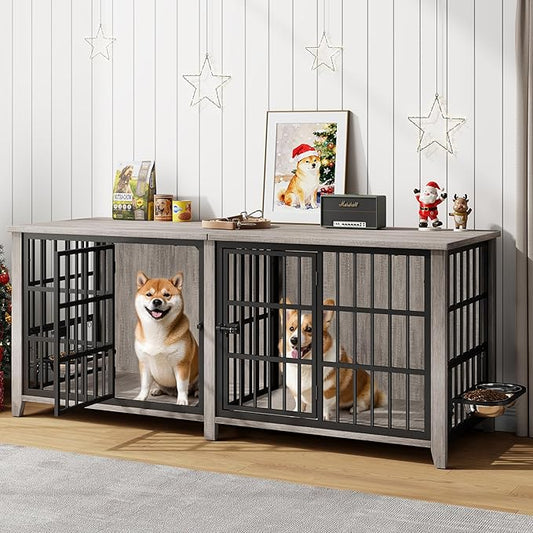 Lulive 78" Dog Crate Furniture for 1 Large or 2 Small/Medium, Extra Large Dog Kennel Indoor with Removable Divider & Adjustable Height Dog Bowls, Heavy Duty Wooden Double Dog Cage as TV Stand, Grey
