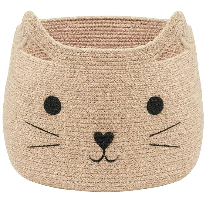 VK VK·LIVING Animal Baskets Large Woven Cotton Rope Storage with Cute Cat Design Laundry Organizer for Towels, Blanket, Toys, Clothes, Gifts – Cat Toy Box Pet or Baby Gift Baskets 15"Lx14H"