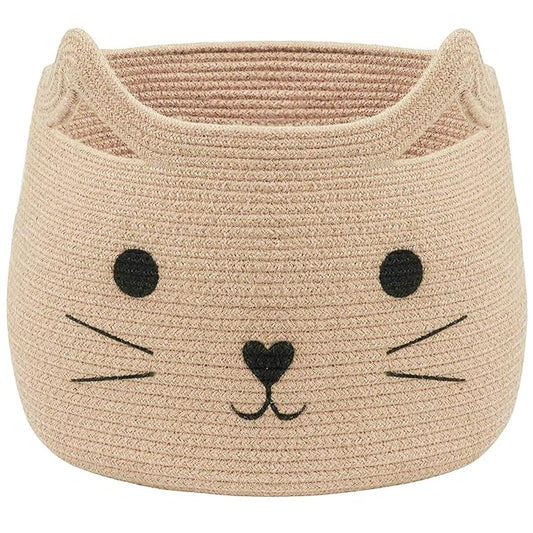 VK VK·LIVING Animal Baskets Large Woven Cotton Rope Storage with Cute Cat Design Laundry Organizer for Towels, Blanket, Toys, Clothes, Gifts – Cat Toy Box Pet or Baby Gift Baskets 15"Lx14H"