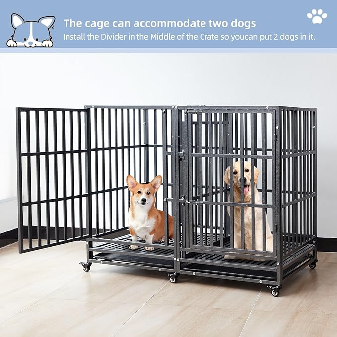 54 inch Heavy Duty Indestructible and Escape-Proof Dog Crate Cage Kennel for 1 XL or 2 Medium Dogs, Divider Panel, Removable Tray & Wheels, for High-Anxiety Dogs, Extra Large XL (Black)