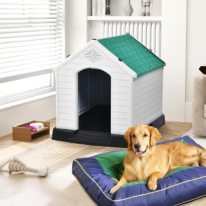 DWVO Plastic Dog House, Weatherproof Outdoor/Indoor Doghouse, Puppy Kennel with Air Vents and Elevated Floor