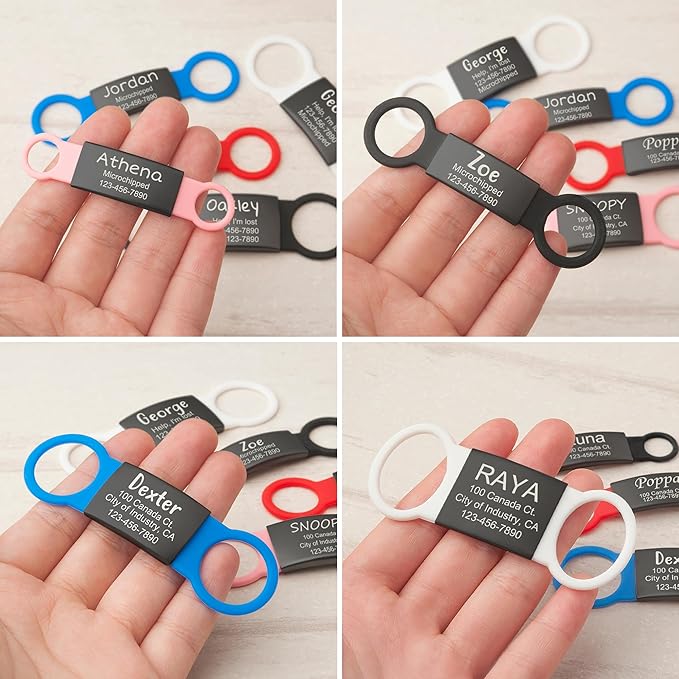 Anavia Slide On Silent Pet ID Tags, S/M/L/XL Personalized Black Stainless Steel Colored Silicone Cat Dog Name Tag, Customized Engraved Nameplate, Quiet Chew-Proof Pet Collar Tag (Blue, Small)