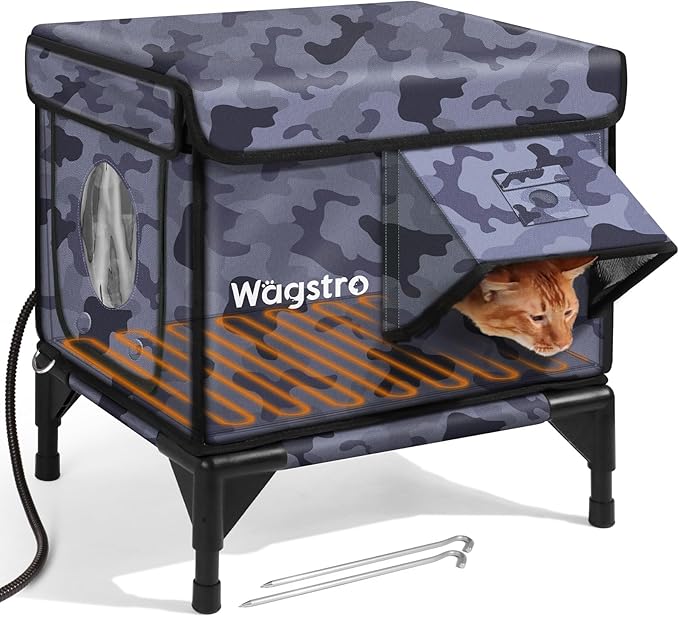 Heated Cat House for Outside, Insulated Weatherproof Heated Outdoor Cat House with Waterproof Eaves & Escape Door, Elevated Outdoor Cat Shelter for Feral Stray Cat (Black Camo, 16.5"x13"x16.9")