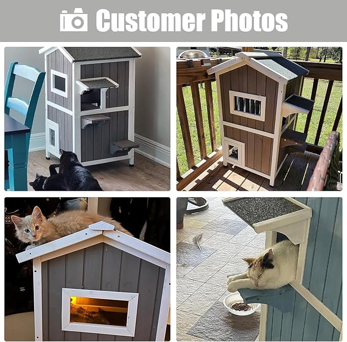 PetsCosset Outdoor Cat House Shelter Weatherproof, Two Story Wooden Outside Feral Cat House with Openable Roof, Escape Door