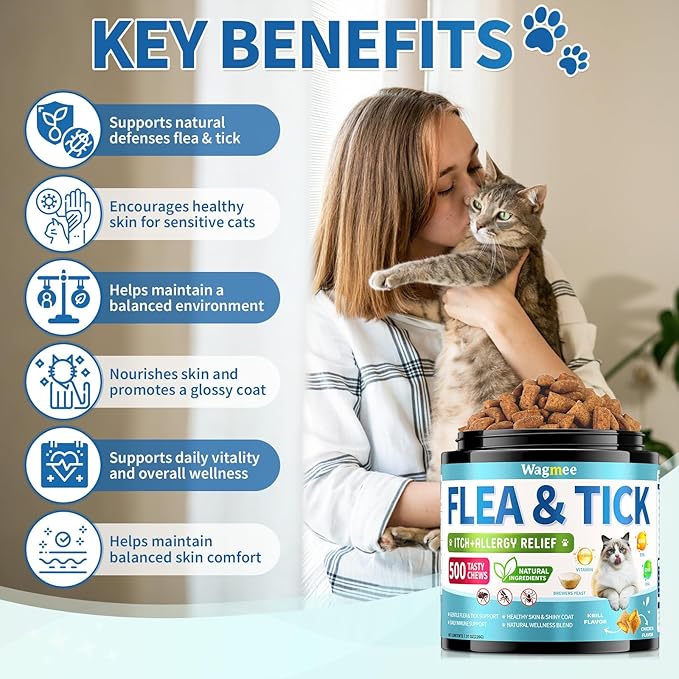 Natural Cat Flea Treatment Chewables – 500 Crunchy & Creamy Tasty Chews, Flea and Tick Prevention for Cats with Skin & Coat Support, Oral Flea & Tick Supplement & Allergy Relief for Cats, Chicken