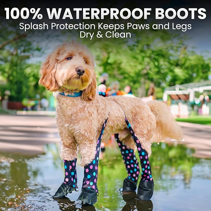 100% Waterproof Dog Boots Connected to Leggings so They Stay on. Easy-On Paw Protectors with an Adjustable fit. Snow & Rain, Anti-Slip Traction, Adjustable Fit, Machine-Washable (Confetti, S)