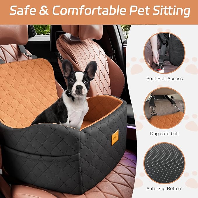 Dog Car Seat for Small/Medium Dogs Under 35lbs, Detachable & Washable Elevated Pet Travel Bed, 2 Storage Pockets & Safety Belt, Anti-Slip Base, Dog Booster Car Seat with Seamless Bottom Design