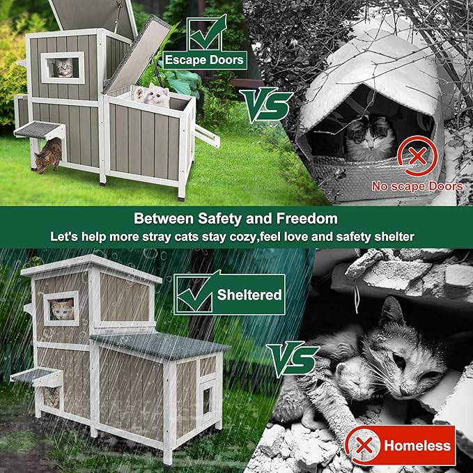Outdoor Cat House Weatherproof, Two Story Wooden Feral Cat House Shelter with 3 Escape Door, Outside Cat Condo for Small Animals with Openable Asphalt Roof, Grey