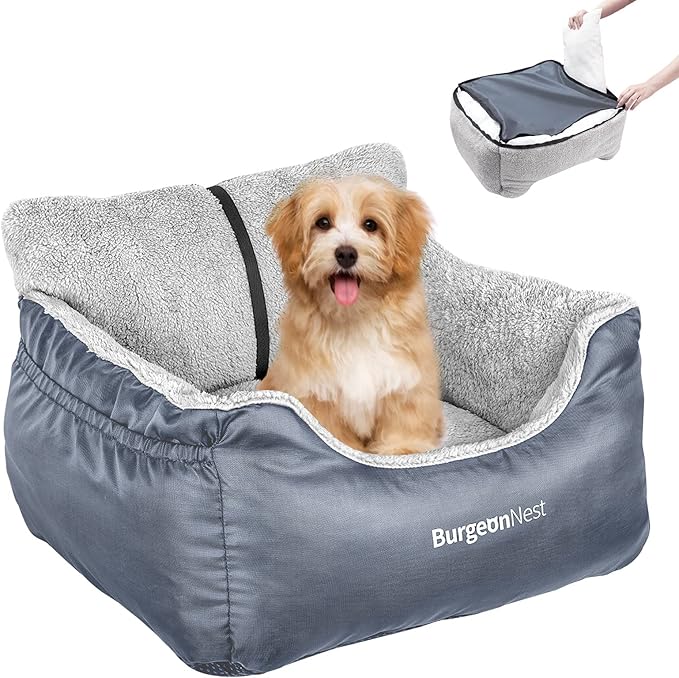 BurgeonNest Dog Car Seat for Small Dogs, Washable Soft Booster Seats for Small Pets Under 25 lbs, Portable Cat Carseat Travel Bed with Storage Pockets and Clip-On Leash, Grey