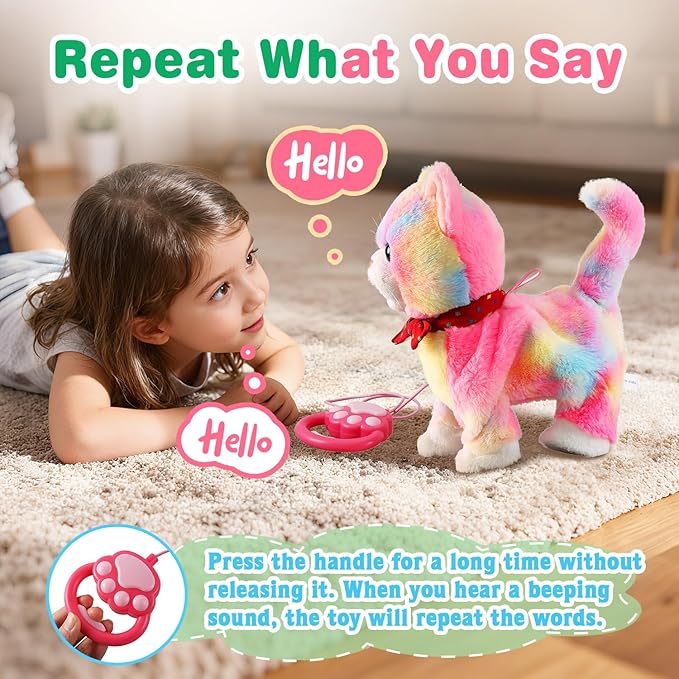 Colorful Leash Walking Cat Set Toy Interactive Talking Cat Singing Dancing Kitten Mimicking Repeat What You Say Kitty Touch and Voice Control Nodding Wagging Tail Plush Electric Robot for Kid Girl