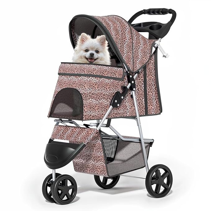 MoNiBloom 3 Wheels Pet Dog Cat Stroller for Small Medium Dogs Cats, Lightweight Foldable Jogger Stroller w/Storage Basket & Cup Holder, Leopard Print