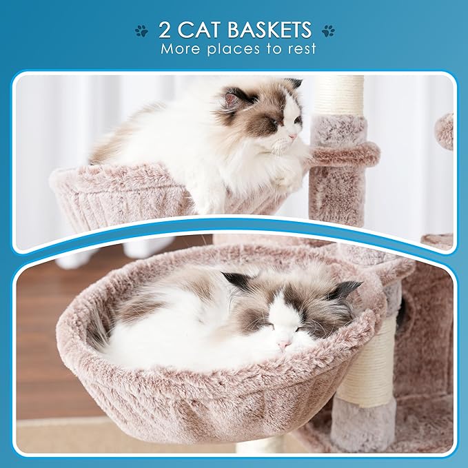 Hey-brother Cat Tree, 74 inches Multi-Level XL Large Cat Tower for Indoor Cats with Three Cat Condos, Two Large Top Decks and Cat Hairbrushfor Kittens, Cats and Pets,Muchroom MPJ035-MMU