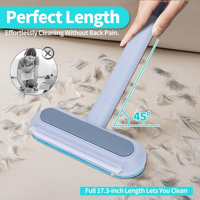 Pet Hair Remover Brush - Reusable Multifunctional Pet Hair Removal Tool for Furniture, 4 in1 Cat and Dog Hair Removal, 17.3Inch Adjustable Long Handle, Gentle on Couch Carpets Bedding (1 Set)
