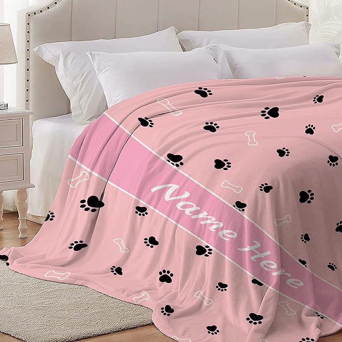 Custom Pet Name Blanket Personalized Dogs Customized Puppy ,Dog Gift for Dog Lovers Mom Dad Cute Paw Prints Soft Flannel Throw Bed Sofa Travel Extra Small 40''x30'' Pink Dog Paw Print