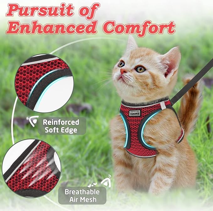 Cat Harness and Leash for Walking Escape Proof, Adjustable Kitten Vest Harness Reflective Soft Mesh Puppy Harness for Outdoor, Comfort Fit, Easy to Control (Red, S)