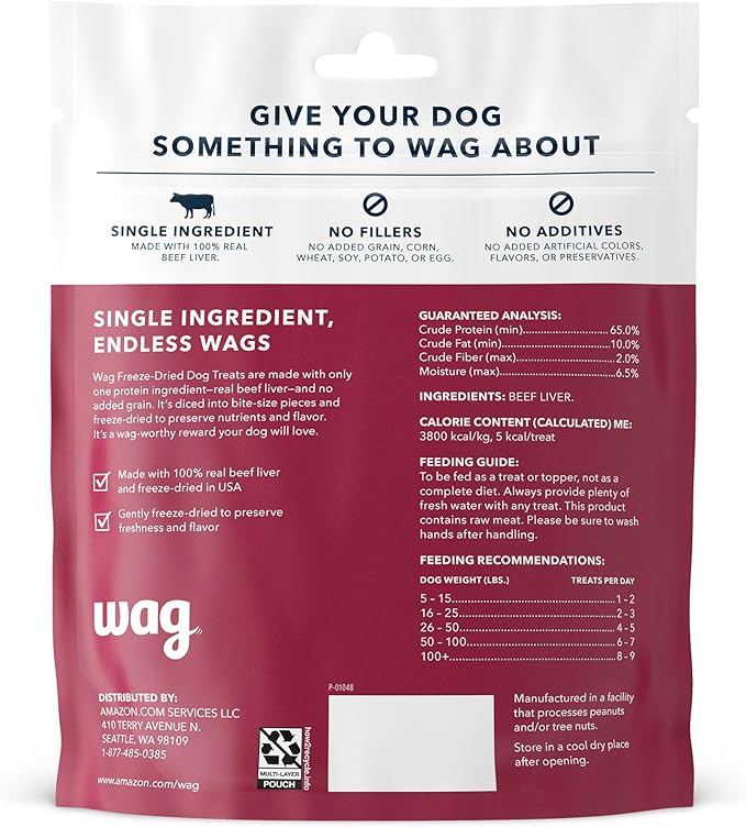 Amazon Brand - Wag Freeze-Dried Raw Single Ingredient Dog Treats, Beef Liver, High Protein, Health Training Treats or Meal Topper for all Dogs, Grain-Free, 3.3 Ounce (Pack of 1)