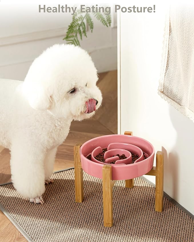 Ceramic Slow Feeder Dog Bowls Elevated, 2.0 Cups Slow Feeder for Medium and Large Dogs, Puzzle Maze Bowl to Slow Down Eating, 30oz, 8in, Pink