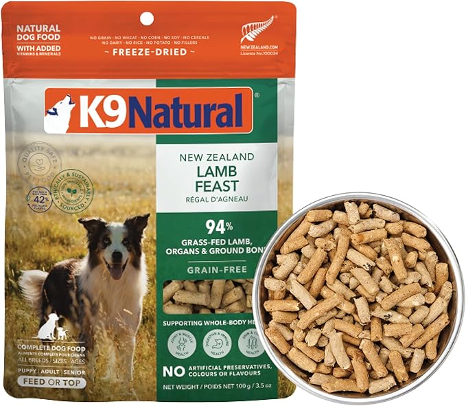 K9 Natural Lamb Freeze Dried Dog Food, High-Meat Natural Complete Meal or Meal Toppers for Dogs, Grass-Fed Lamb from New Zealand, Grain-Free, GMO-Free, Complete & Balanced Nutrition, 3.5oz