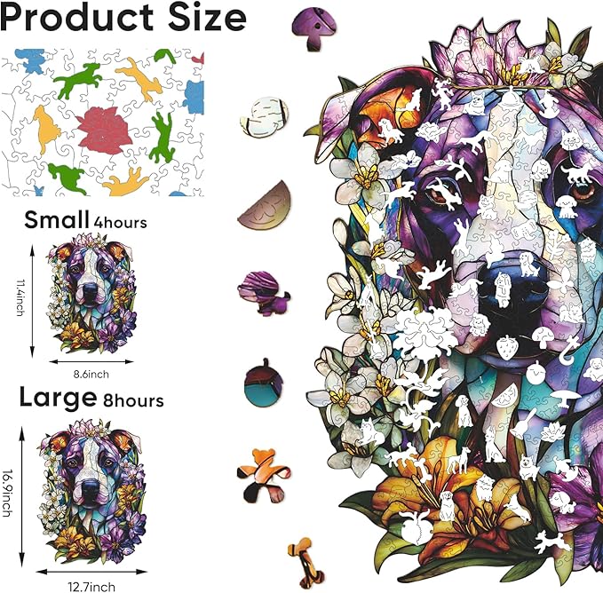 Bovearto Wooden Puzzles for Adults, Stained Glass Dog Wooden Jigsaw Puzzles, Unique Shaped Animal Flower Puzzle Gifts for Kids Challenge Thanksgiving Christmas Puzzle Family Games (12.7"*16.9'')