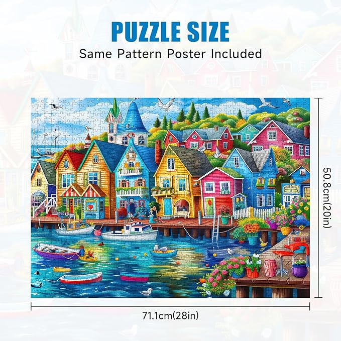 Seaside Town Jigsaw Puzzle, Puzzles for Adults 1000 Pieces, Ocean Boat Seagull Landscape Puzzle with Letters on Back, Challenging for Adults with Vibrant Coastal Art, 28x20 Inch, Family Games & Gift
