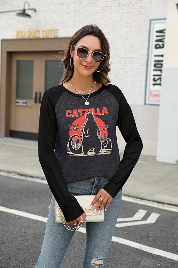 JINTING Cat Shirts for Women - Loose Fit Lightweight Long Sleeve Graphic Tee Fall Printed Crewneck Blouse Casual Tops