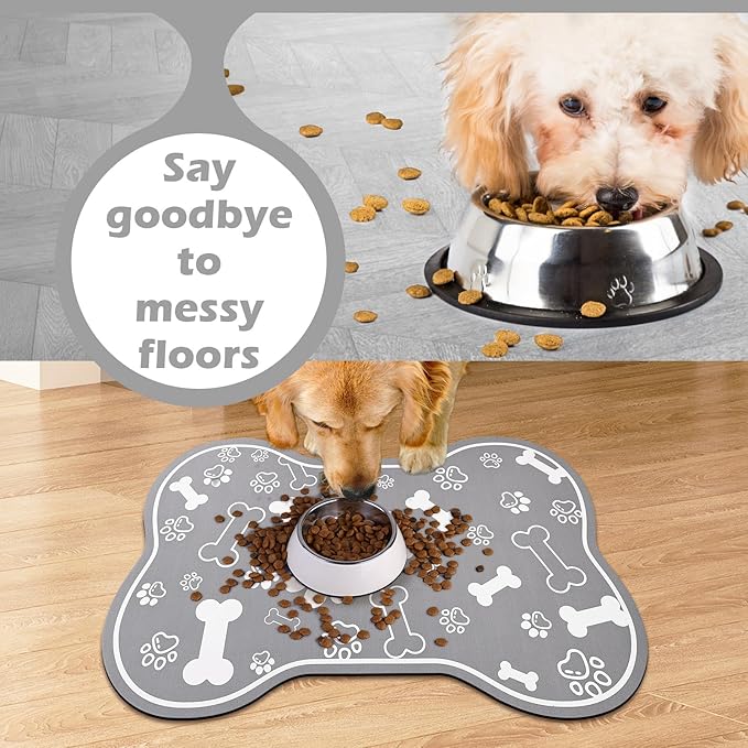 Dog Cat Food Mat,Rapid Absorbent Pet Feeding Mat, Bone Shaped Dog Placemat Water Bowl Mat with Rubber Backing,No Stains Dog Cat Food Mats Indoor, Pet Accessories Supplies 16"×24" Grey