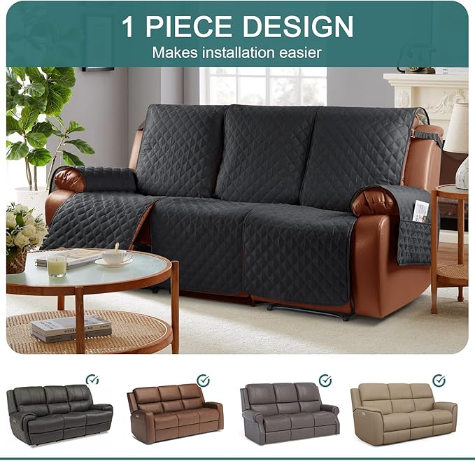 Ruaozz Waterproof Recliner Couch Covers 1-Piece Sofa Covers Washable Recliner Covers Non-Slip Furniture Protector with Elastic Straps Pocket for Kids, Pets(Black, 3 Seater)