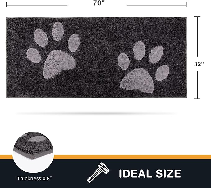PURRUGS Dirt Trapping Door Mat 32" x 70", Non-Skid/Slip Machine Washable Microfiber Entryway Rug, Dog Doormat, Super Absorbent Welcome Mat for Muddy Wet Shoes and Paws, Charcoal