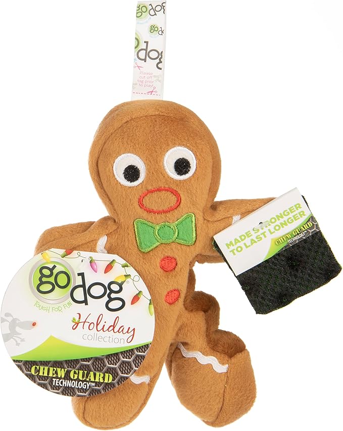goDog Christmas Gingerbread Man Squeaky Plush Dog Toy, Chew Guard Technology - Brown, Small (Pack of 2)