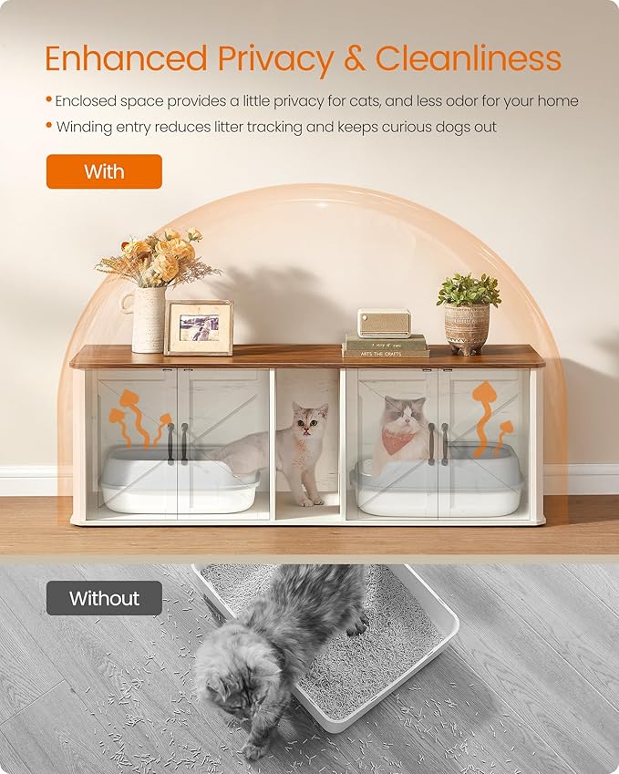 Feandrea Double Cat Litter Box Enclosure, Modern Litter Box Furniture Hidden for 2 Cats, Front Entry, Cat House, Side End Table, TV Stand, 59 x 19 x 19.5 Inches, Honey Brown, Rustic White UPCL010K01