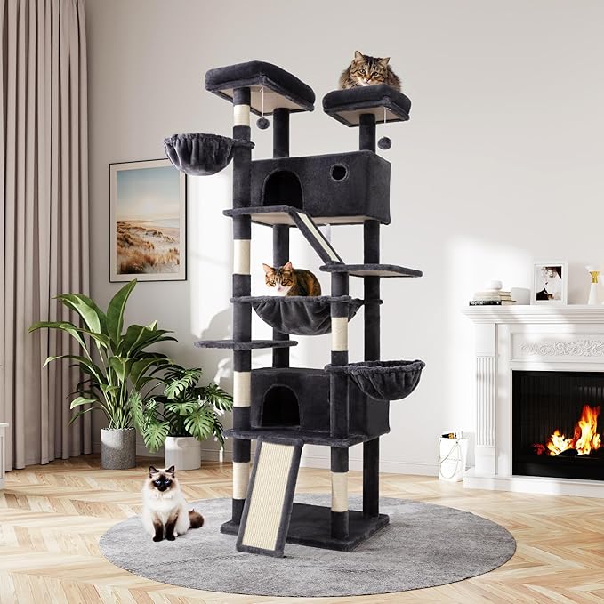 MUTICOR 81 inches Multi-Level Tall Cat Tree Tower for Indoor Kitties/Large Climbing Tree House for Big Feline/Condo/Sisal Scratching Posts/Plush Perches Platforms/Basket Hammock/Dark Grey