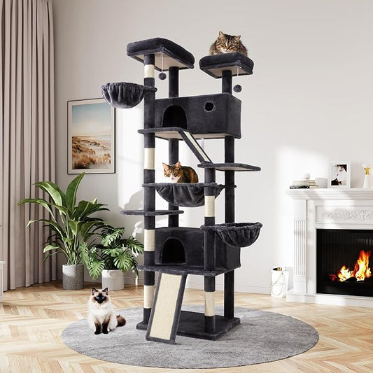 MUTICOR 81 inches Multi-Level Tall Cat Tree Tower for Indoor Kitties/Large Climbing Tree House for Big Feline/Condo/Sisal Scratching Posts/Plush Perches Platforms/Basket Hammock/Dark Grey