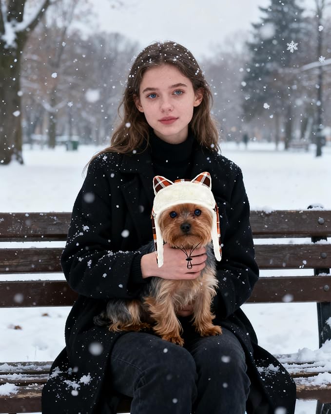 PET SHOW Dog Trapper Hat Winter Hat for Small Dogs Fall Thanksgiving Warm Fleece Aviator Hats with Ear Flaps Adjustable Outdoor Boy Puppy Pet Pilot Costume Cap S-Orange Plaid/Without Ear Holes