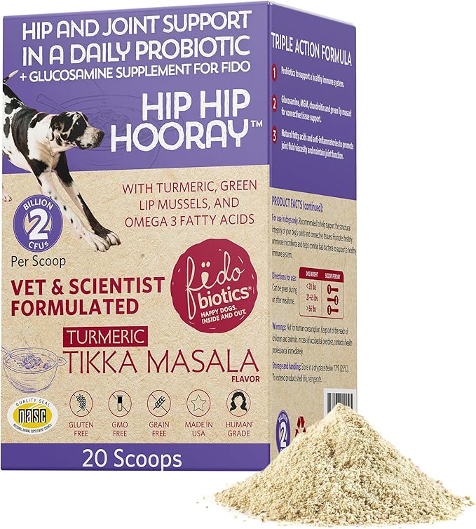 Fidobiotics Hip & Joint Support for Dogs, Daily Probiotics for Dogs with Glucosamine & Chondroitin for Gut Health and Mobility, Turmeric Tikka-Masala Flavor - 20 Servings