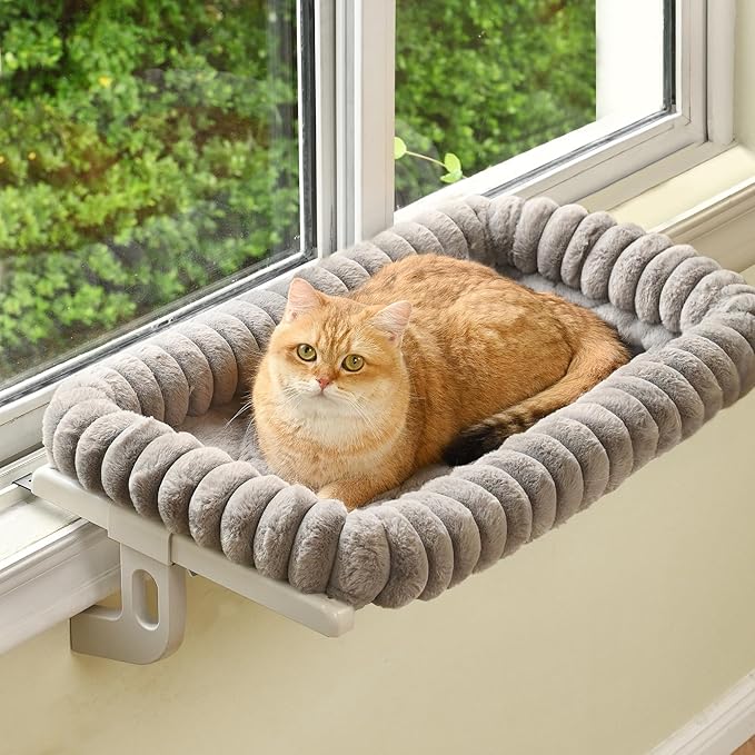 Cat Window Sill Perch,‌ 4-Sided Cushion Bolster Cat Window Seat with ‌Sturdy Frame,‌ ‌Easy Adjust Window Sill Mount Pet Bed for Indoor Cats (Gray, Large)