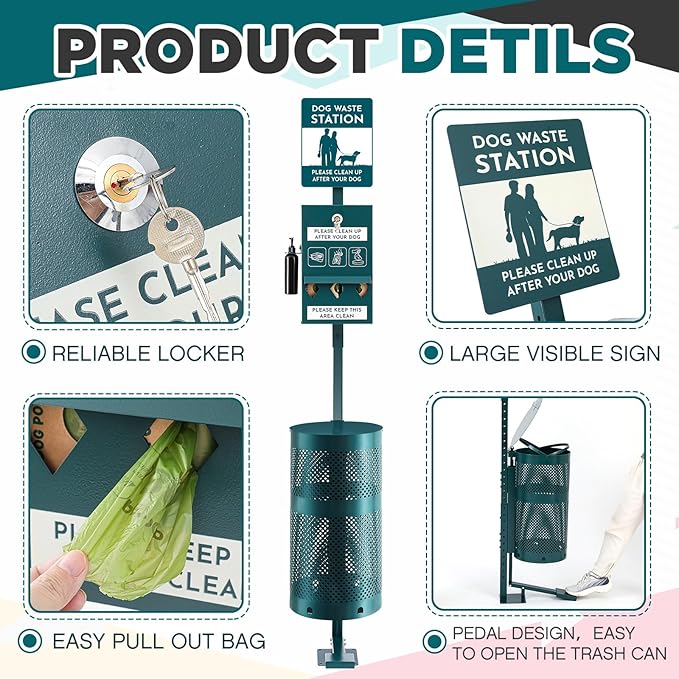 Pet Waste Station, Includes 600 Roll Bags, Dog Waste Station with Foot Pedal, Dog Poop Sign, Bag Dispenser, Hand Sanitizer Bottle and Covered Outdoor Trash Can for Parks, Trails Outdoor