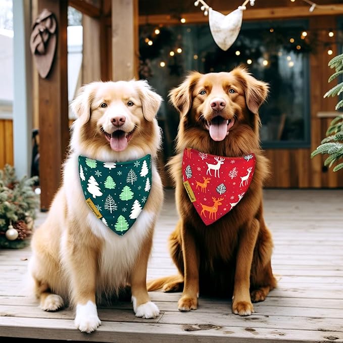 Christmas Dog Bandanas 2 Pack, 4 Pattern Reversible Holiday Bandana for Boy and Girl, Dog Scarf for Medium and Large Breed Dogs | Chritmas Gift | Reindeer | Santa Claus | Tree |