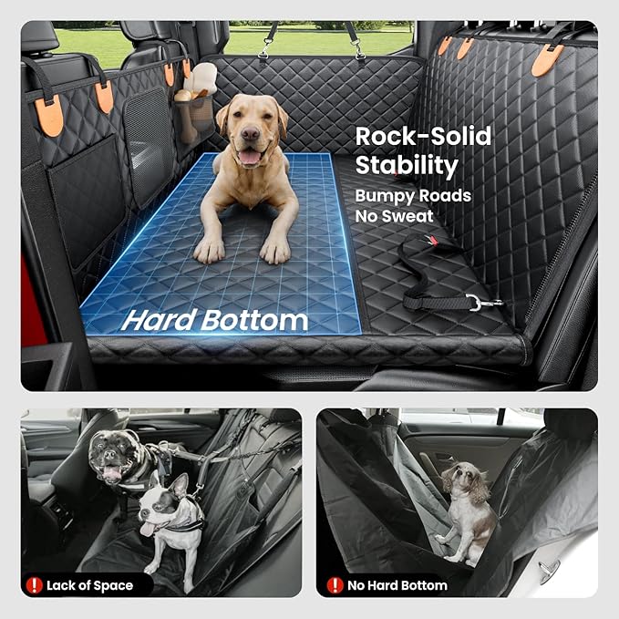 REEVAA Dog Truck Seat Cover for Back Seat, Hard Bottom Dog Hammock for Car, Pet Bed Extender for 2-4 Large Dogs, Waterproof Seat Protector, Universal XL Size Fits for Crew Cab Truck/SUV, Black+Orange