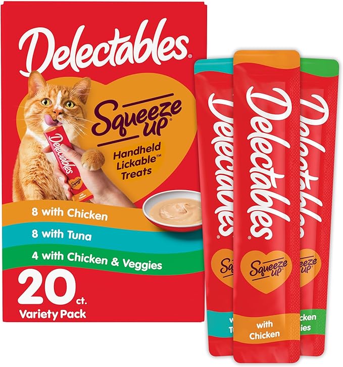Hartz Delectables Squeeze Up Variety Pack, Creamy Squeezable Puree, Lickable Wet Cat Treats, Grain Free, No Added Fillers, No by-Products, No Added Preservatives, 0.5 Ounces Tube, 20 Tubes Total