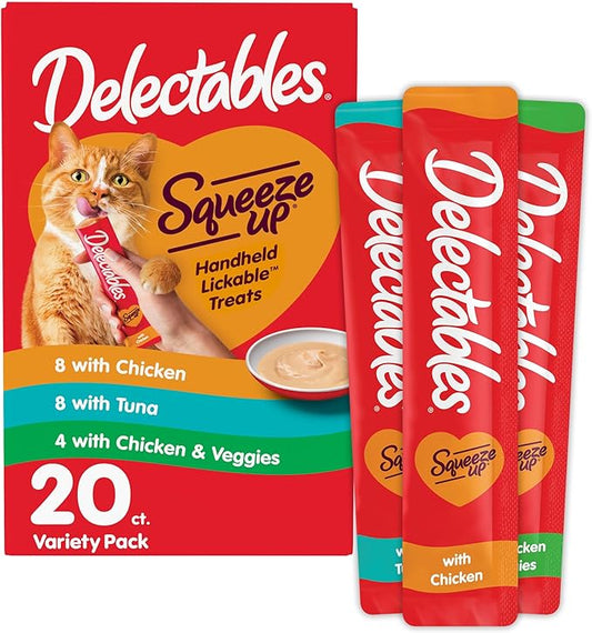 Hartz Delectables Squeeze Up Variety Pack, Creamy Squeezable Puree, Lickable Wet Cat Treats, Grain Free, No Added Fillers, No by-Products, No Added Preservatives, 0.5 Ounces Tube, 20 Tubes Total