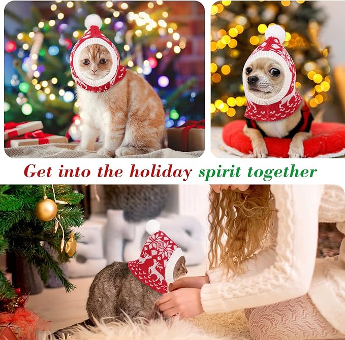 Pawaboo Christmas Pet Hat for Dogs, Funny Knitted Xmas Cap with Pom-Pom, Crocheted Snood Winter Warm Ear Flap Hat, Neck Warmer Hood Scarf for Medium Dogs, Party Decoration Gift, XS, Xmas Elk Red