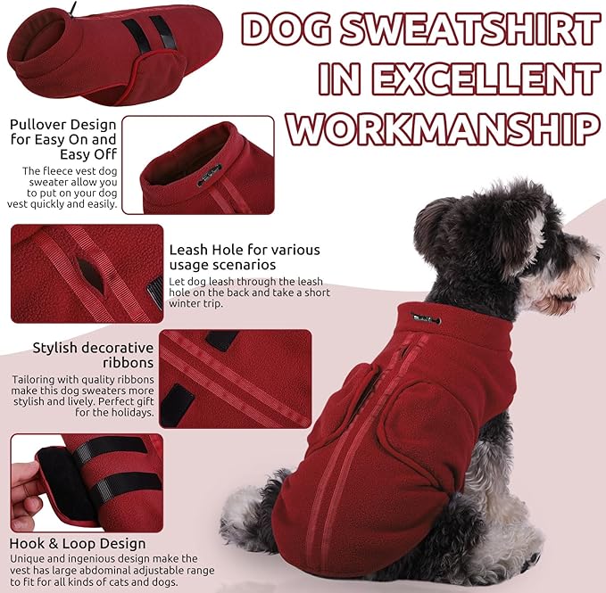 Queenmore Medium Dog Sweater, Soft Fleece Vest Pullover Dog Jacket with Leash Hole, Warm Winter Dogs Clothes Cold Weather Doggy Dachshund Sweaters for Medium Dogs Cats Boy or Girl (Burgundy,M)